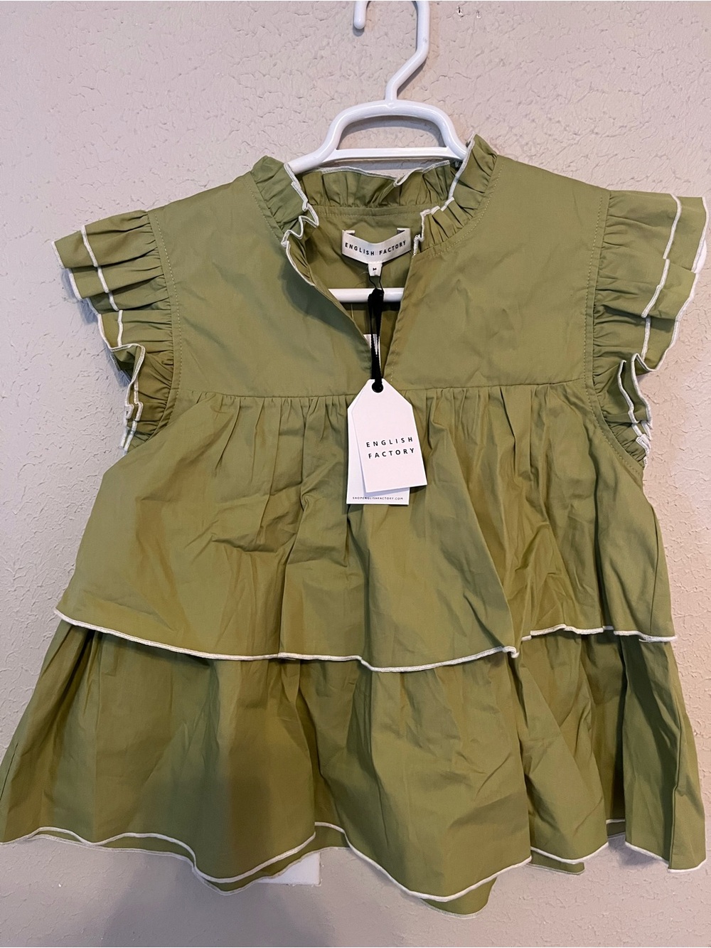 English Factory Olive Ruffle Yoke Top